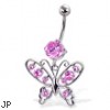 Belly button ring with round gem and jeweled butterfly