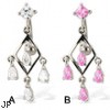 Belly button ring with square stone and dangling teardrops on a diamond-shaped frame