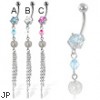 Belly button ring with stone, dangling gem and three chains