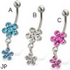 Belly button ring with two jeweled flowers