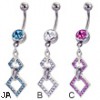 Belly button ring with two-square dangle