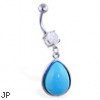 Belly ring with big dangling lt blue teardrop