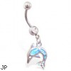 Belly ring with dangling aqua glitter dolphin