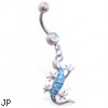 Belly ring with dangling aqua glitter lizard