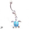 Belly ring with dangling aqua glitter turtle