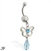 Belly ring with dangling aqua jeweled butterfly and stone