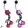 Belly ring with dangling black coated cherries