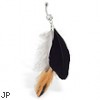 Belly ring with dangling black gray and brown feathers