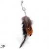 Belly ring with dangling brown and black feathers