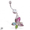 Belly ring with dangling crooked multi-colored butterfly