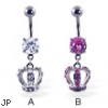 Belly ring with dangling crown with gems