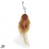 Belly ring with dangling fuzzy brown feathers