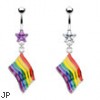 Belly ring with dangling gay pride rainbow flag