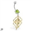 Belly ring with dangling gold colored four leaf heart clover flower