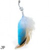 Belly ring with dangling gray, brown and turquoise feathers