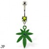 Belly ring with dangling green pot leaf with gem