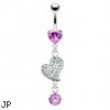 Belly ring with dangling jewel paved heart and gem