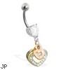 Belly ring with dangling jeweled and Gold Tone hearts