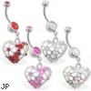 Belly ring with dangling jeweled floral heart