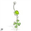 Belly ring with dangling jeweled four leaf clover