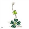Belly ring with dangling jeweled four leaf clover