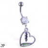 Belly ring with dangling jeweled green heart and feather
