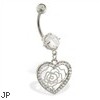 Belly ring with dangling jeweled heart and rose outline