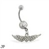 Belly ring with dangling jeweled heart and wings