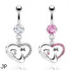 Belly ring with dangling jeweled heart with cat