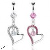 Belly ring with dangling jeweled heart with stone