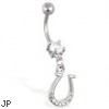 Belly ring with dangling jeweled horseshoe