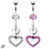 Belly ring with dangling jeweled linked hearts