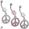 Belly ring with dangling jeweled peace sign