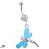 Belly ring with dangling light blue dragonfly