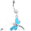 Belly ring with dangling light blue dragonfly