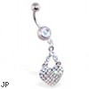 Belly ring with dangling multi-colored jewel paved heart