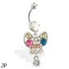 Belly ring with dangling multi-colored jeweled butterfly