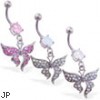 Belly ring with dangling pave jeweled elegant butterfly