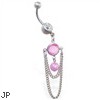 Belly ring with dangling pink jeweled and pearl with chains