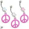 Belly ring with dangling pink peace sign