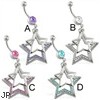 Belly ring with dangling plain and jeweled stars