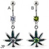 Belly ring with dangling pot leaf with hologram gem