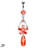 Belly ring with dangling red jeweled flower and teardrop stone