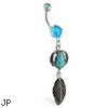 Belly ring with dangling turquoise stone and feather