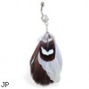 Belly ring with dangling white and brown feathers