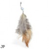 Belly ring with dangling white, black and brown feathers