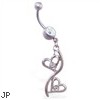 Belly ring with double jeweled open heart dangle
