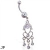 Belly ring with jeweled heart chandelier dangle