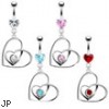 Belly ring with jeweled heart inside dangling crooked heart