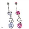 Belly Ring with Large CZ and Floating Hearts Dangle
